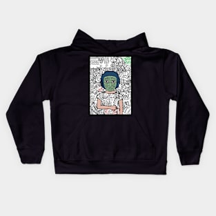 Donald: Captivating Female NFT with a Doodle Mask, Blue Eyes, and Light Aesthetic in a Doodle Background Kids Hoodie